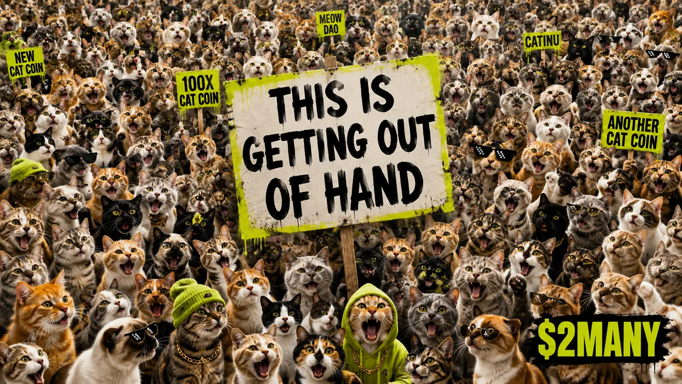 A crowd of cats surrounding a sign that says this is getting out of hand